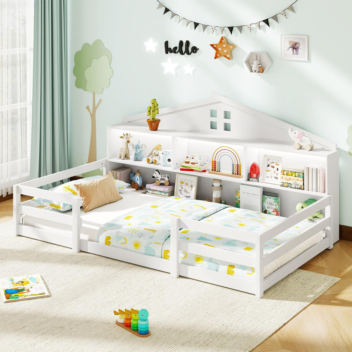 GIANTEX Full Size Floor Bed for Kids, Low Montessori Bed with Wood Slats & Safety Guardrails, Solid Wood Full Floor Beds with Fence and Door for Kids Boys Girls, White