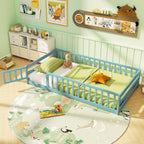 GIANTEX Twin Floor Bed with Fence for Kids, Wooden Montessori Bed Frame with Lockable Door & Guardrails, Low Floor Beds for Kids, Boys, Girls, No Box Spring Needed, Without Wood Slats, White