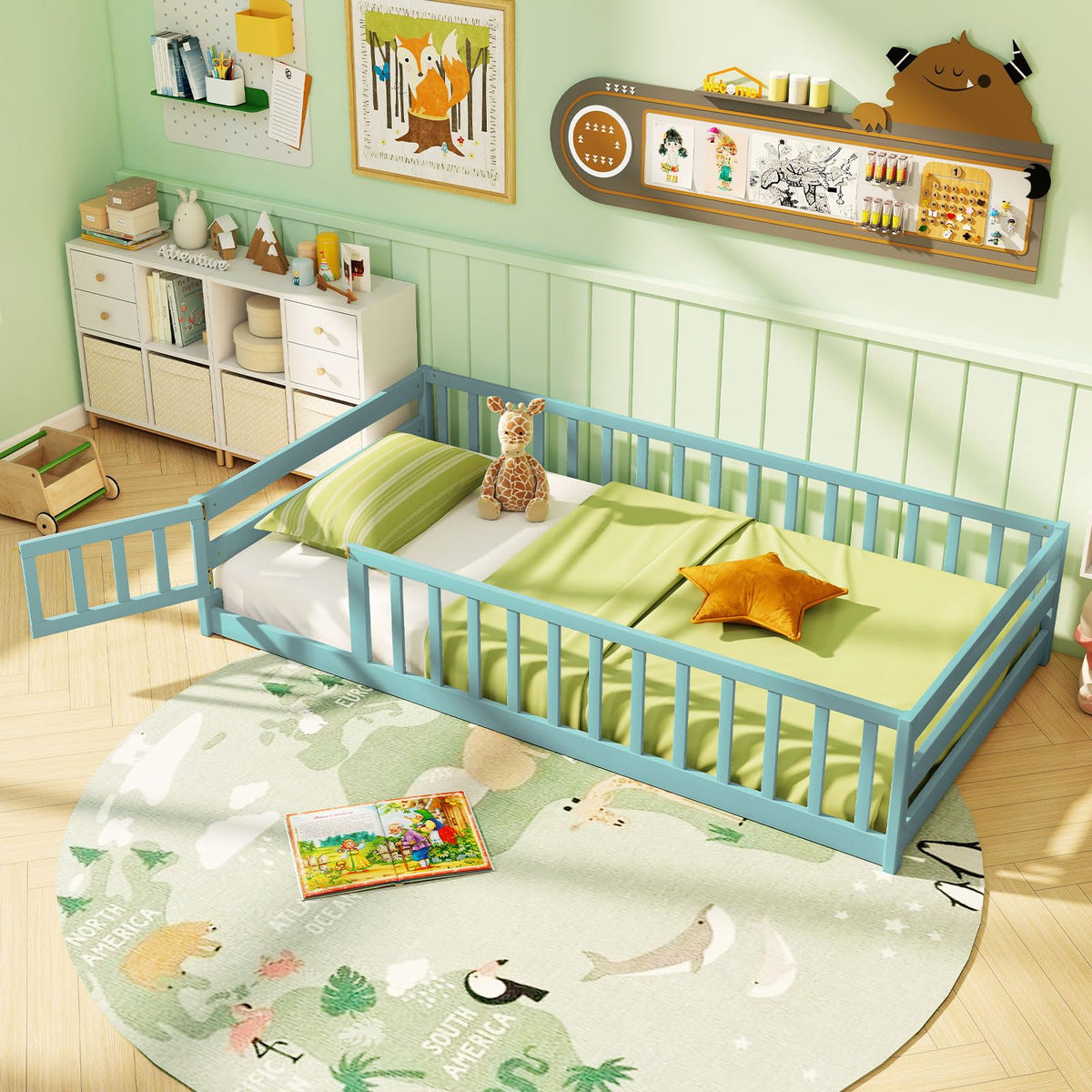 Giantex Twin Floor Bed with Fence for Kids, Wooden Montessori Bed Frame with Lockable Door & Guardrails, Low Floor Beds for Kids, Boys, Girls, No Box Spring Needed, Without Wood Slats, Natural