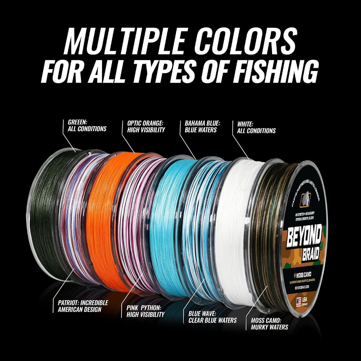 Beyond Braid Braided Fishing Line -Super Strong - Abrasion Resistant - No Stretch -Blue Camo, Moss Camo, White, Green, Pink, Blue, 4 Strand 8 Strand