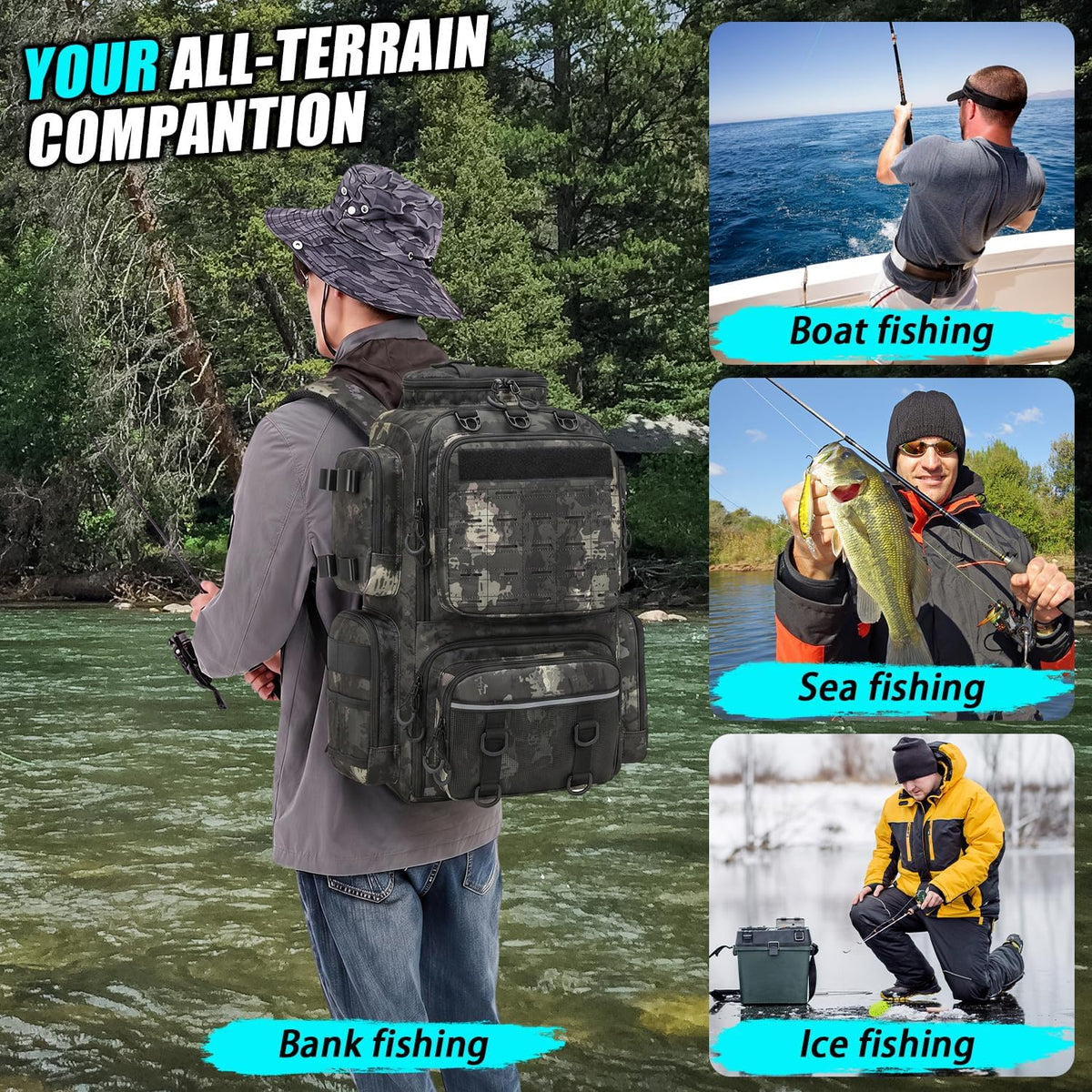 Tactical Fishing Backpack with 4 Tackle Boxes, Rod Holders & Bottle Holder
