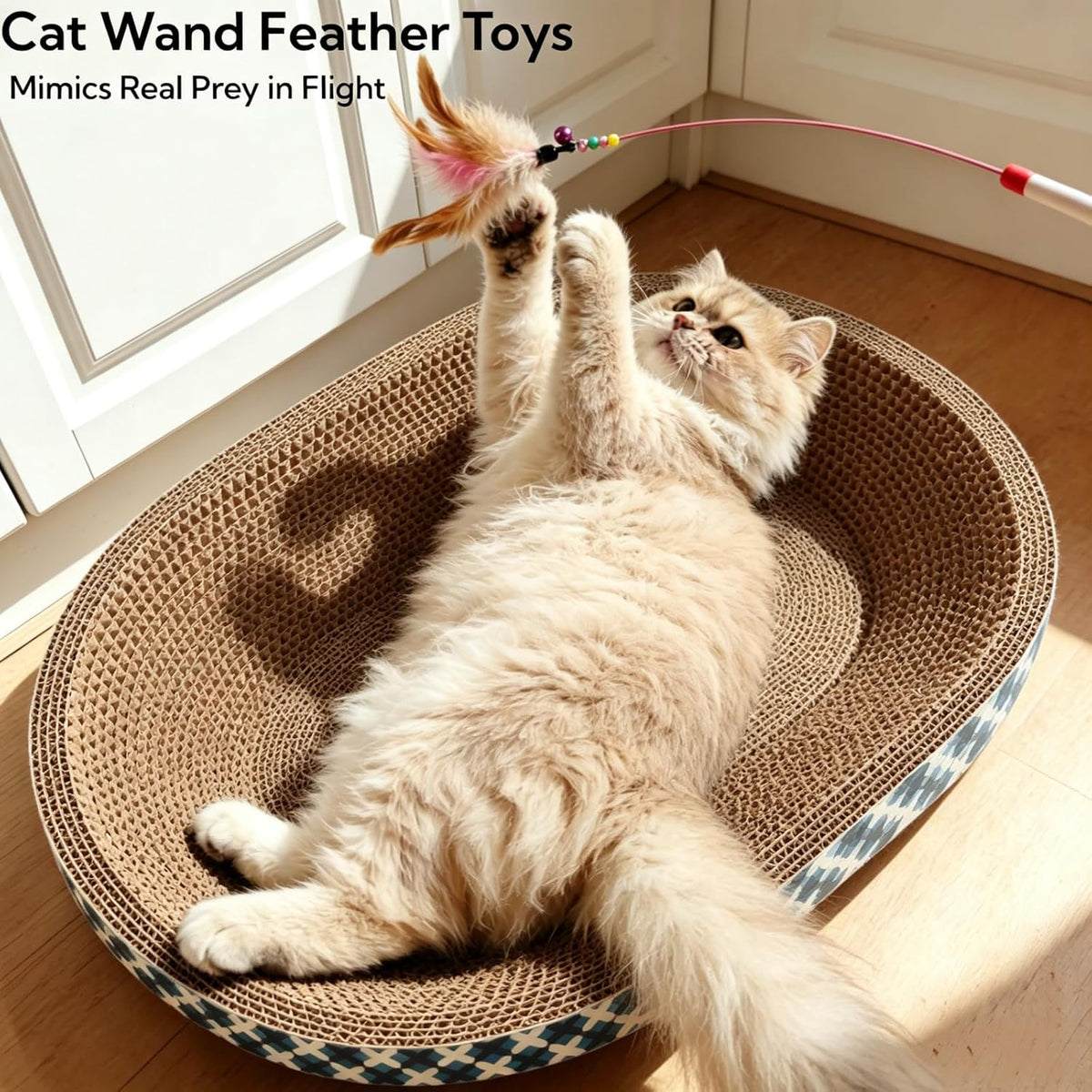 Cat Scratcher Bed with Toys, 4 Pack Oval Cat Scratcher Cardboard, Indoor Cat Scratch Bowl, Large Pad Cat Scratching Board with Catnip Fish Toy & Feather Wand for Furniture Protector