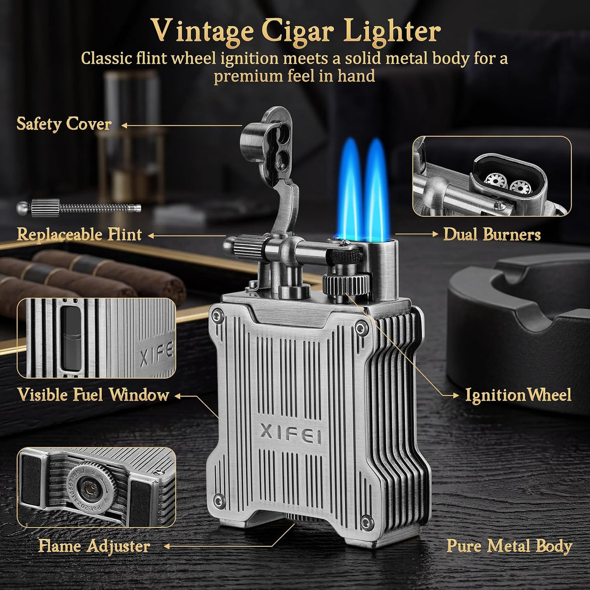 XIFEI Classic Flint-Wheel Cigar Lighter, Adjustable Dual Jet Flame