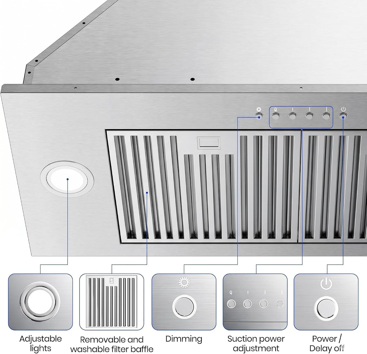 AROAN 30 inch Insert Range Hood, 900 CFM Built-in Range Hood with Ducted/Ductless Convertible, Stainless Steel Vent Hood for Kitchen 4 Speed Push Control and Long-term warranty(ANB01-30)