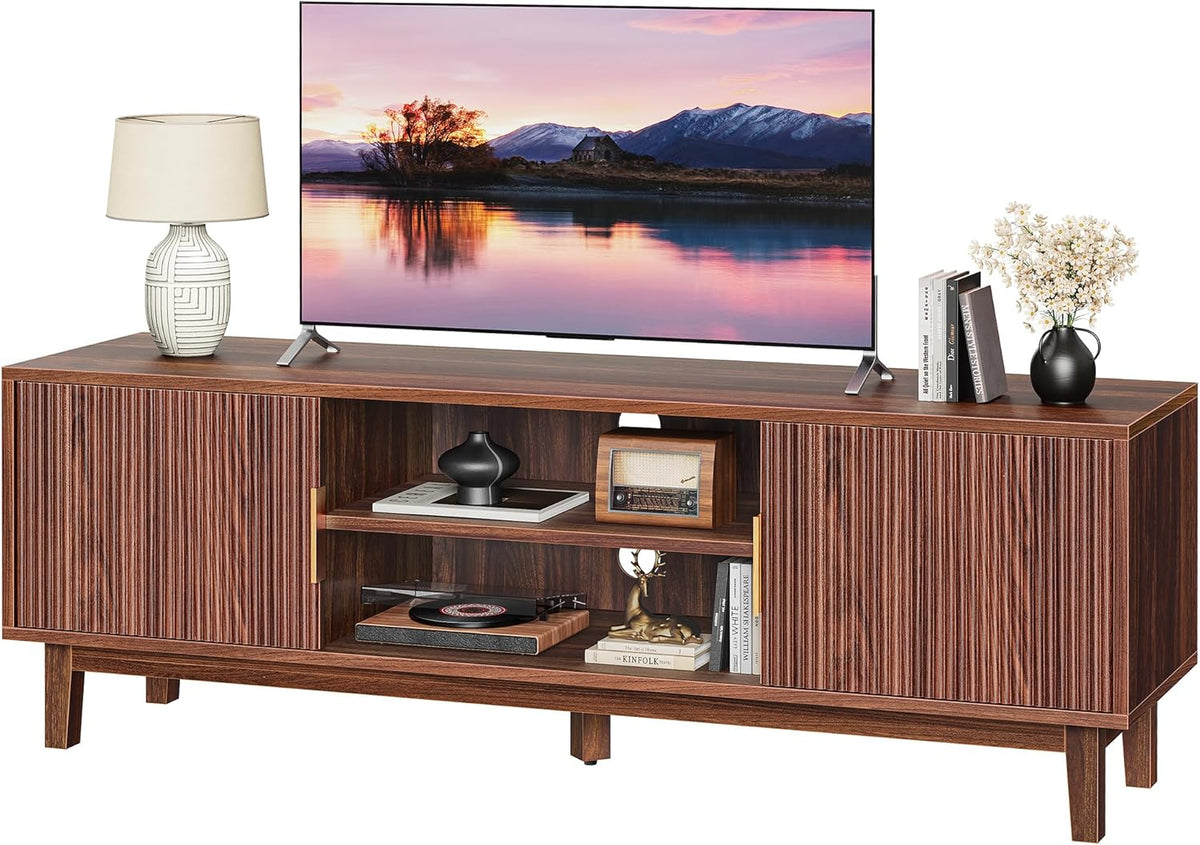 PRAISUN 54 Inch Fluted TV Stand for TVs Up to 55, 60 Inch, Mid Century Modern Entertainment Center with Storage, TV Console with Adjustable Shelves, Media Console for Living Room Bedroom, Brown