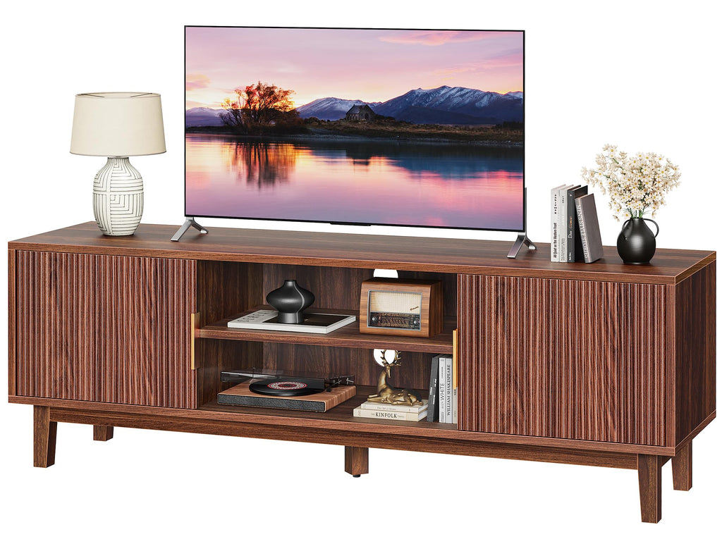 PRAISUN 54 Inch Fluted TV Stand for TVs Up to 55, 60 Inch, Mid Century Modern Entertainment Center with Storage, TV Console with Adjustable Shelves, Media Console for Living Room Bedroom, Brown