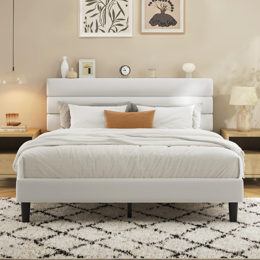 Fluest Queen Bed Frame, Platform Bed Frame with Velvet Upholstered Headboard, No Box Spring Needed, Sturdy Metal Support, Noise Free, Easy Assembly, Modern Bedroom Furniture, Beige