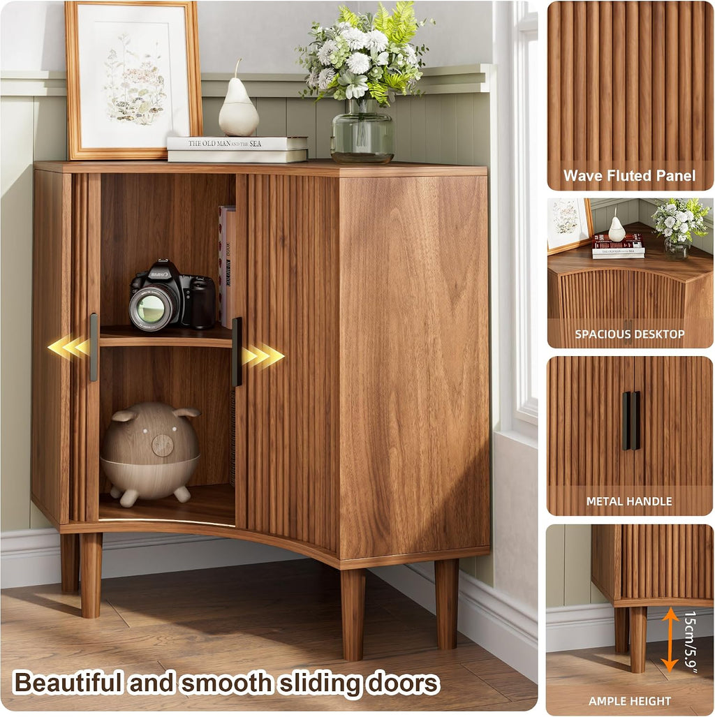 Lxsxlome Fluted Corner Cabinet with Sliding Doors and Adjustable Shelves