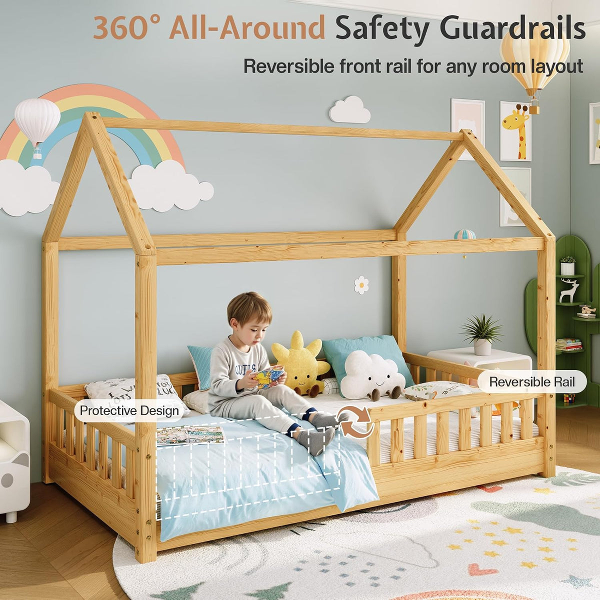 Jocisland Twin Size House Bed for Kids with Guardrails, Natural Wood