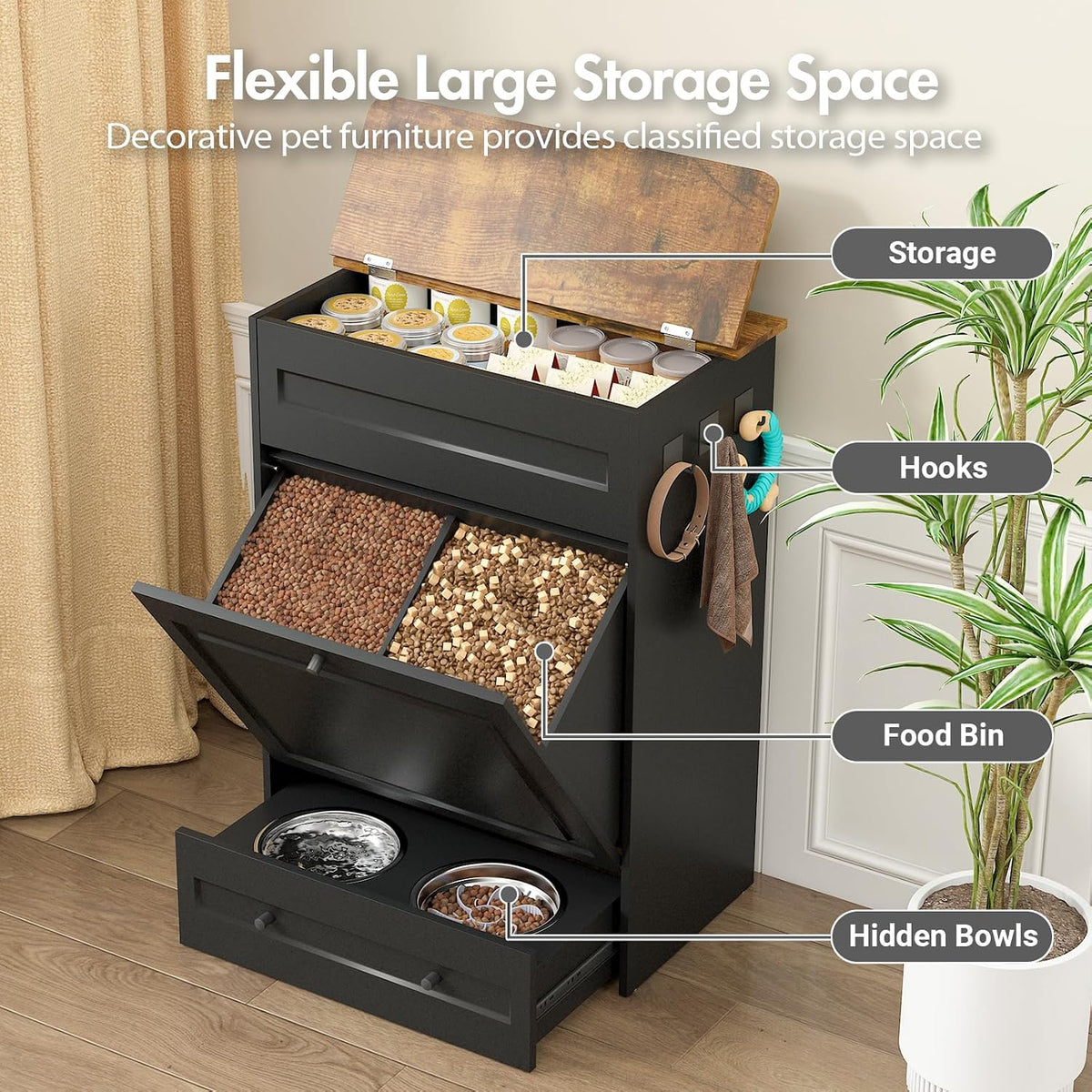 Elevated Dog Feeding Station with Storage, Pull-Out Bowls & Slow Feeder
