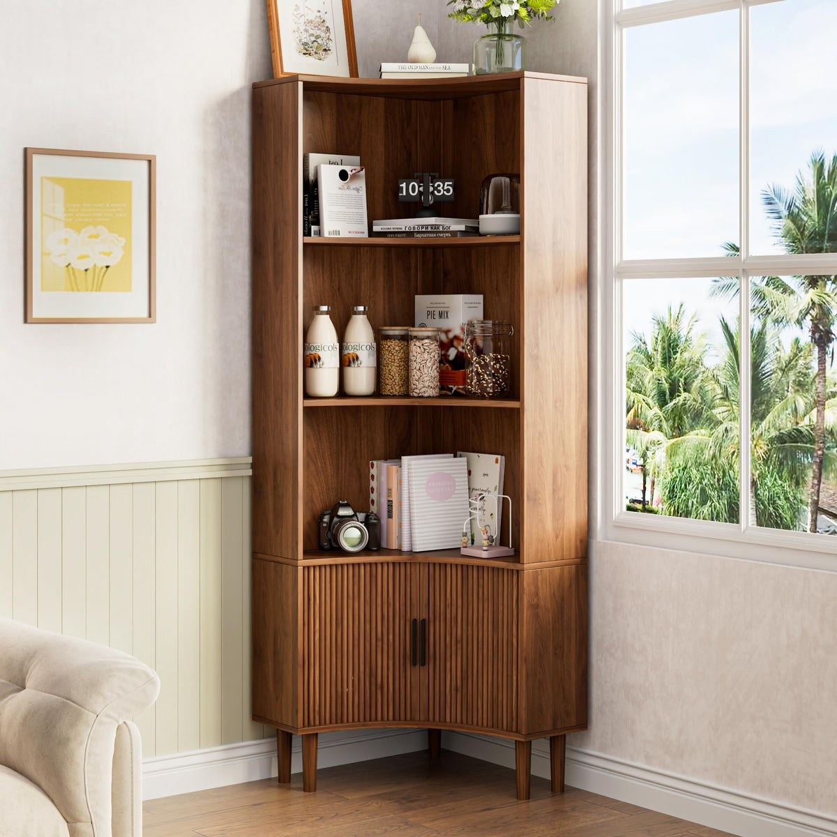 Lxsxlome Fluted Corner Cabinet with Sliding Doors and Adjustable Shelves
