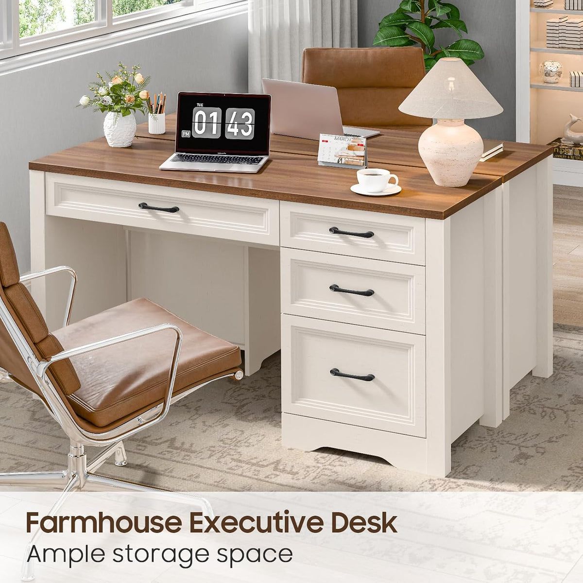 Vabches Farmhouse Executive Desk with Storage and Ample File Drawer, Rustic Large Home Writing Desk for Bedroom, White
