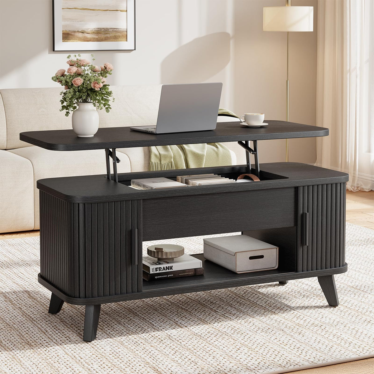 39.4" Mid Century Modern Lift Top Coffee Table, Wooden Fluted Coffee Table with Large Hidden Storage, 360° Curved Sliding Tambour Doors, for Living Room, Home Office, Apartment, Brown
