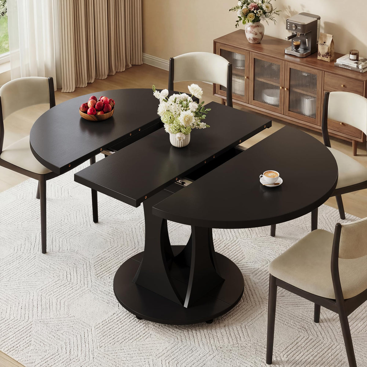 iPormis Round Dining Table, 47'' Kitchen Table for 4-6, Dining Room Dinner Table with Wooden Tabletop & Geometric Arcs Pedestal for Kitchen, Living Room, Home, Office, Walnut