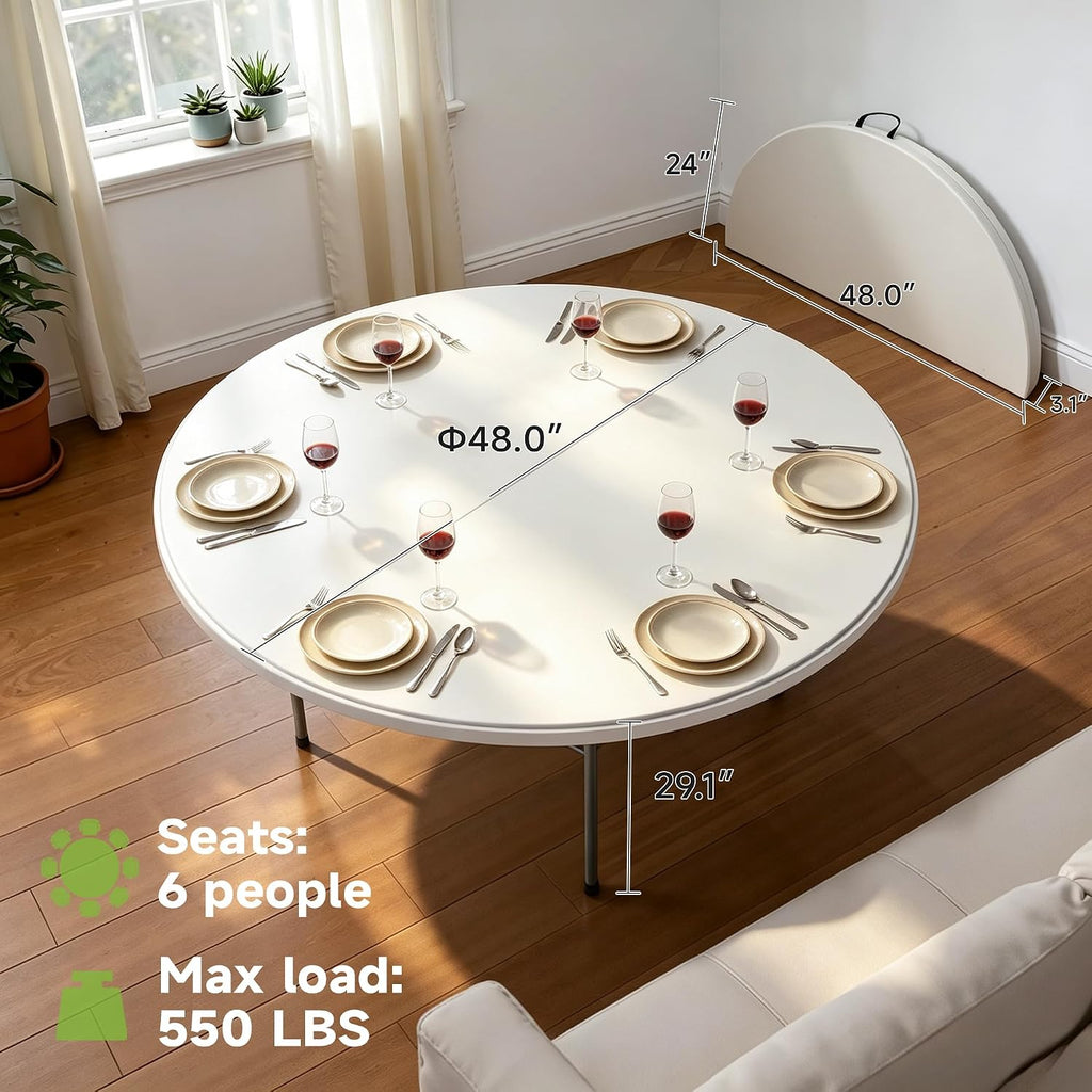 48 Inch Round Folding Table, Heavy Duty 550lbs Capacity, Foldable Design & Sturdy, Folding Dining Table for Camping, Party, Dining