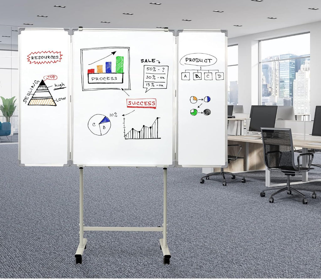 Excello 40” x 60” Mobile, Folding Whiteboard on Wheels with Magnetic Surface and Flip-Out Marker Tray
