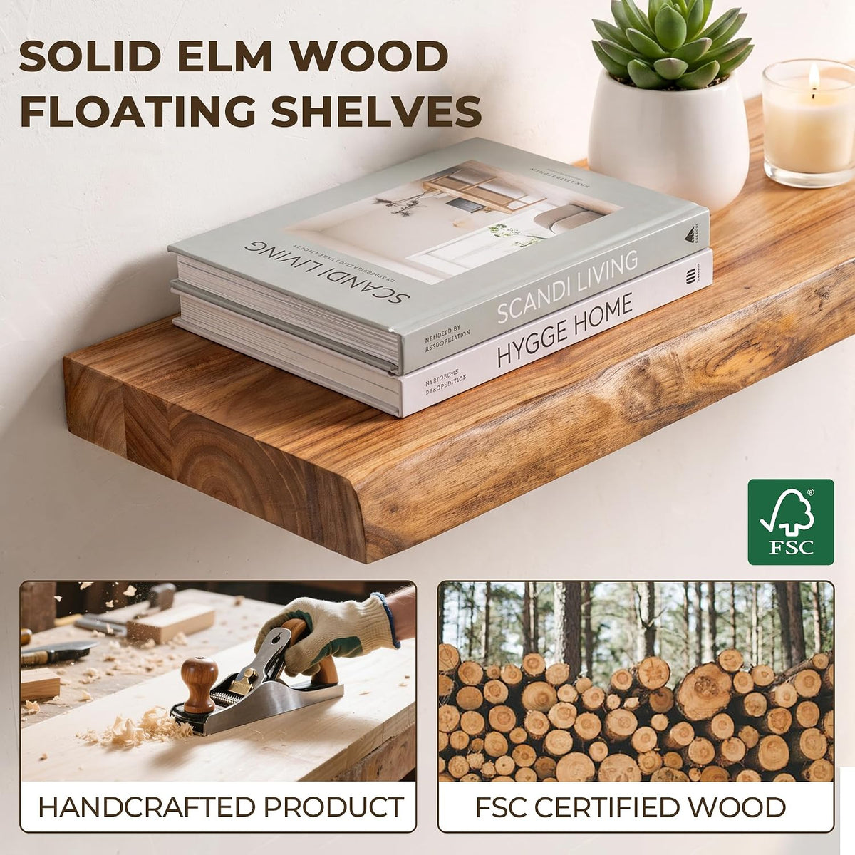 Live Edge Elm Floating Shelves - 24 In Rustic Solid Wood Shelves with Heavy-Duty Invisible Bracket, Wall-Mounted Wooden Shelf for Living Room, Bathroom, Kitchen Storage & Display, Set of 2, Natural