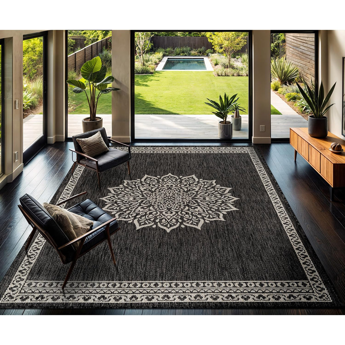 CAMILSON Outdoor Rug 6x9, Modern Outside Rugs for Patios Porches Waterproof Durable Washable Non-Shedding, Easy-to-Clean Indoor Outdoor Area Carpet (6 x 9, Bordered - Blue/White)