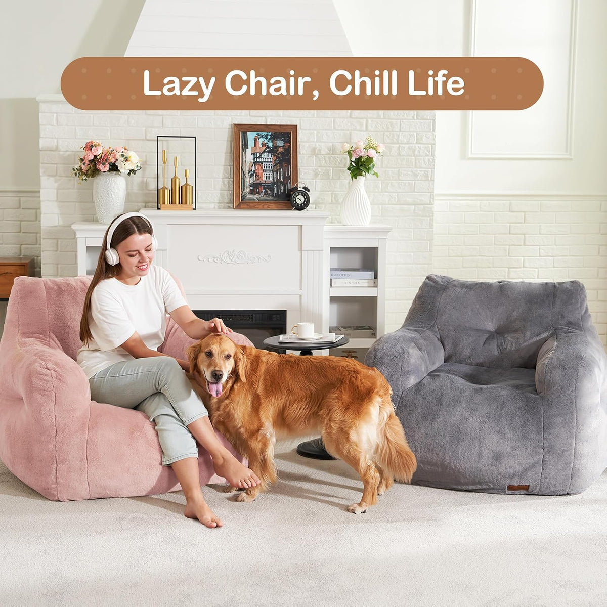 Hobestluk Furry Bean Bag Chair with Arms, Foam Filler for Adult, Pink