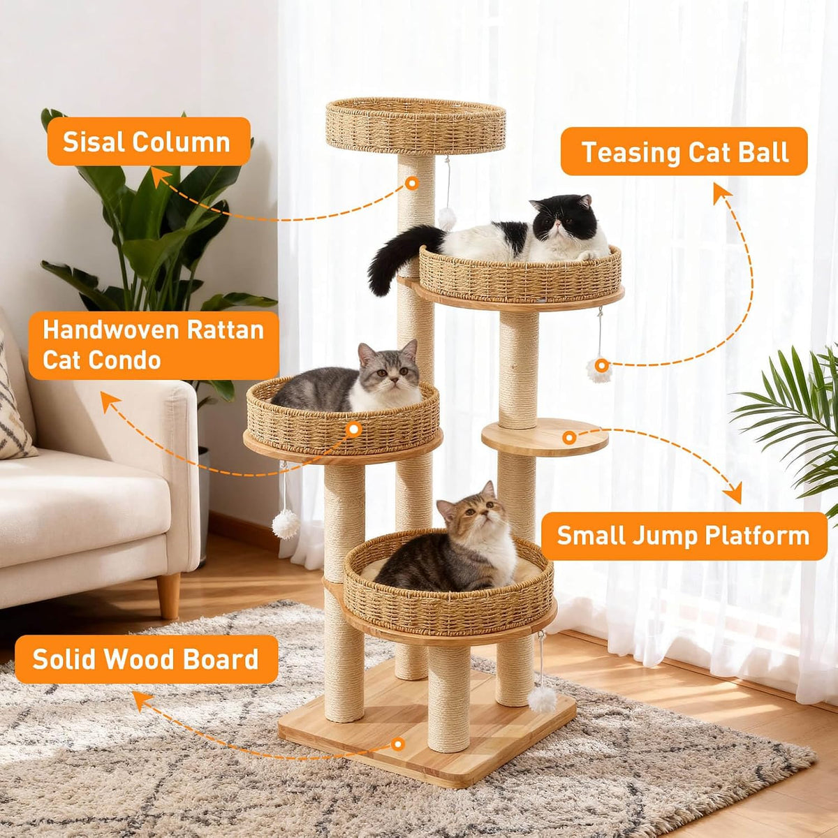 54in Solid Wood Cat Tree for Indoor Cats, Modern Tall Cat Tower