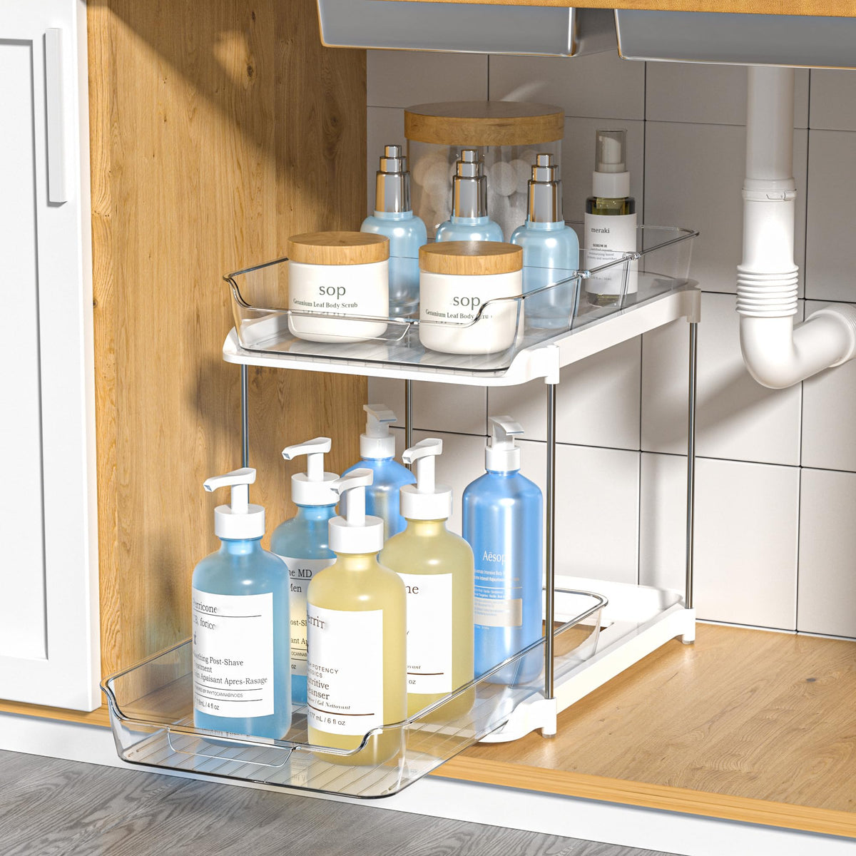 Delamu 2-Tier Multi-Purpose Bathroom Under Sink Organizers and Storage, Stackable Kitchen Pantry Organization, Pull Out Medicine Cabinet Organizer with Movable Dividers, White, 4Pack