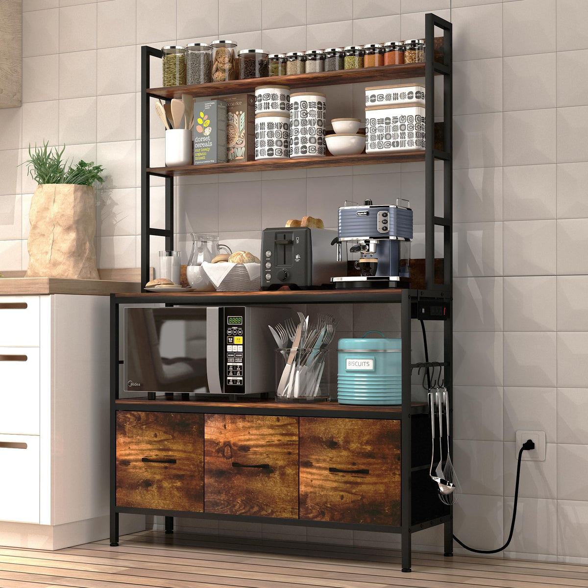 5-Tier Kitchen Bakers Rack with Power Outlet,Industrial Microwave Oven Stand, Utility Storage Shelf,Free Standing Kitchen Utility Cart Storage Shelf Organizer with Hooks