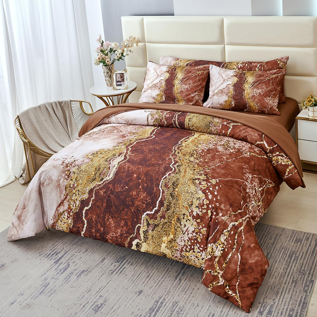 PERFEMET 6 Piece Teal King Size Comforter Set Watercolor Marble Bedding Set