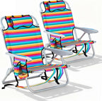 2 Pack Lightweight Portable Camping Beach Chair for Adults, Outdoor Lay Flat Folding Beach Chairs with 5 Positions, Backpack Beach Chair with Towel Bar, Zipper Pouch, Cup Holder, NEW Striped