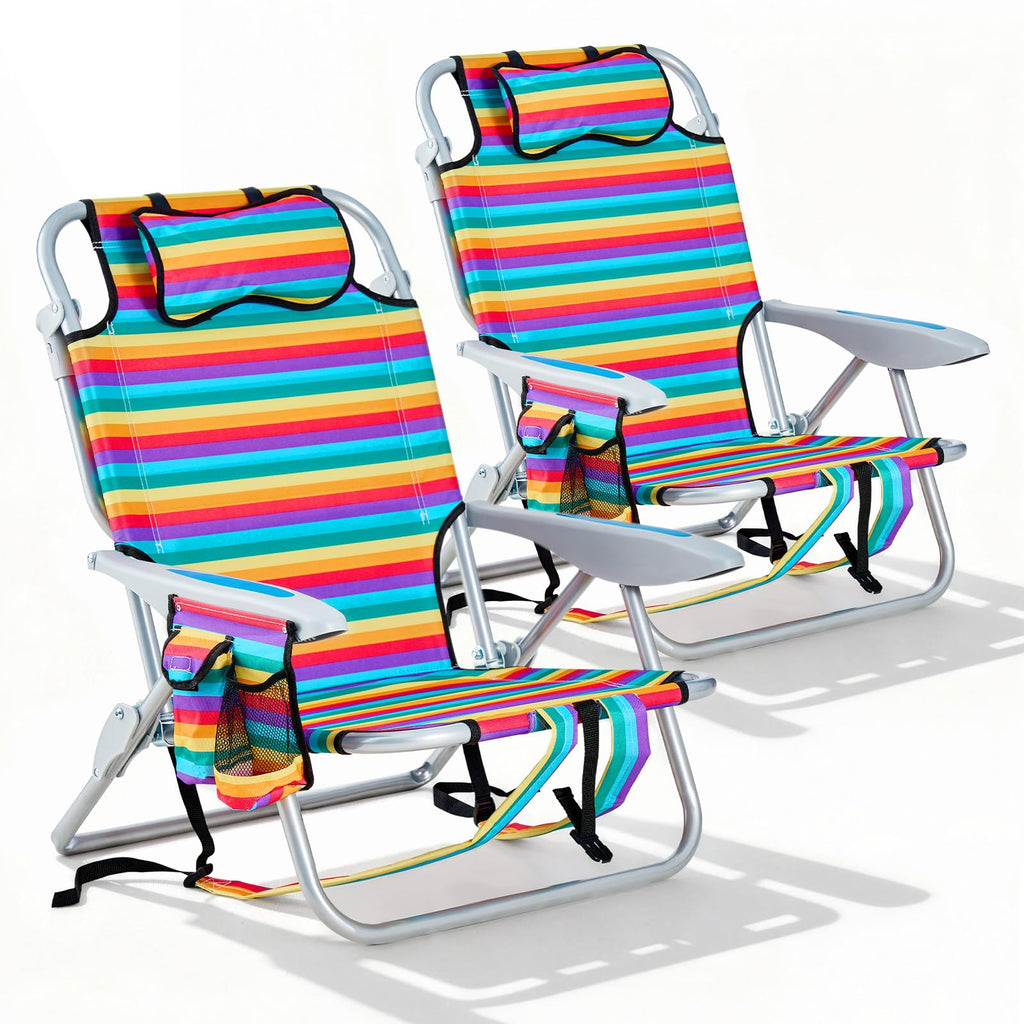 2 Pack Lightweight Portable Camping Beach Chair for Adults, Outdoor Lay Flat Folding Beach Chairs with 5 Positions, Backpack Beach Chair with Towel Bar, Zipper Pouch, Cup Holder, NEW Striped