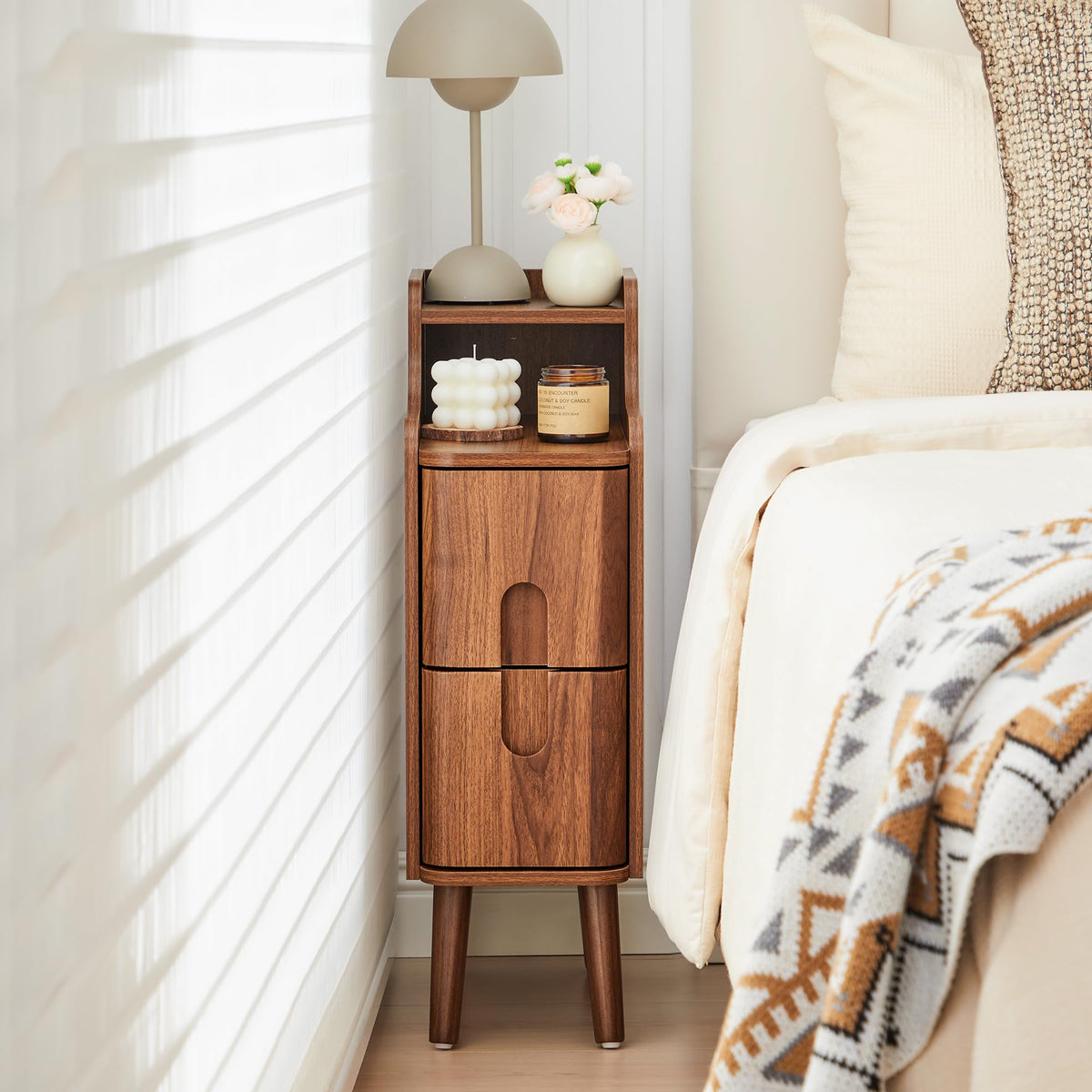 Narrow Nightstand Set of 2, Wood 2 Drawer Small Nightstand, Slim Side Table, Modern Skinny End Bedside Table, Natural Wood Night Stand with Drawers for Bedroom (Walnut-2 pcs)