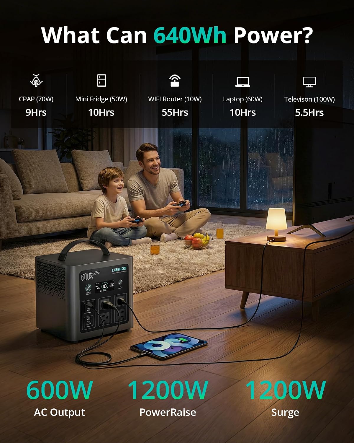 LIBRIDS Portable Power Station 640Wh, 1200W Surge, Solar Generator 4 AC