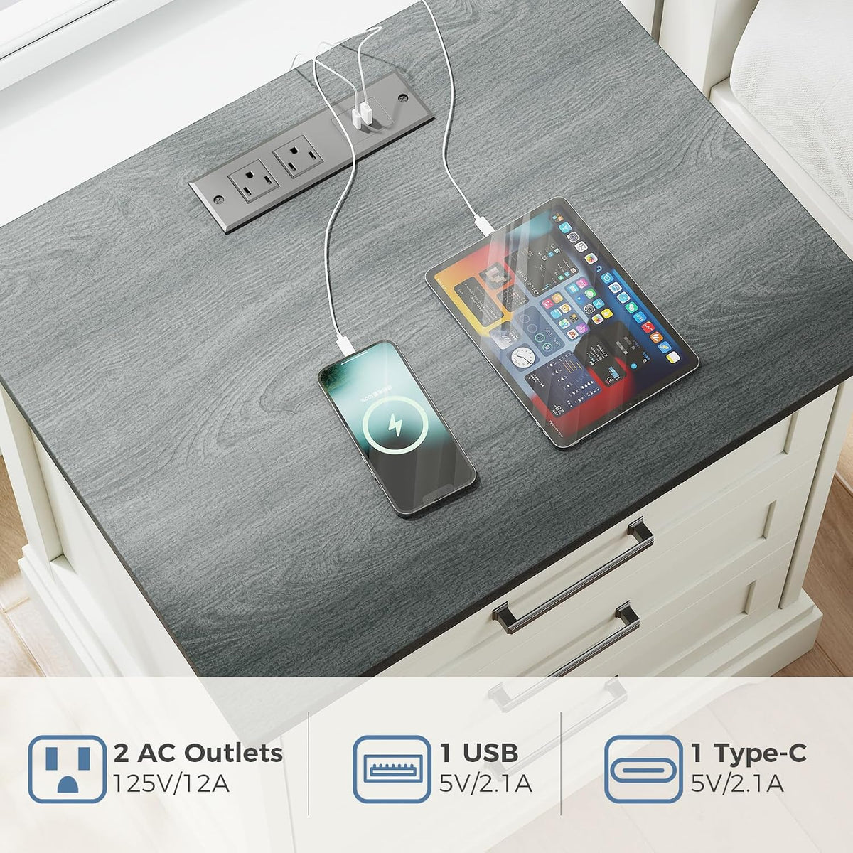 DUMOS Farmhouse Nightstand with Built-in Charging Station & USB Ports