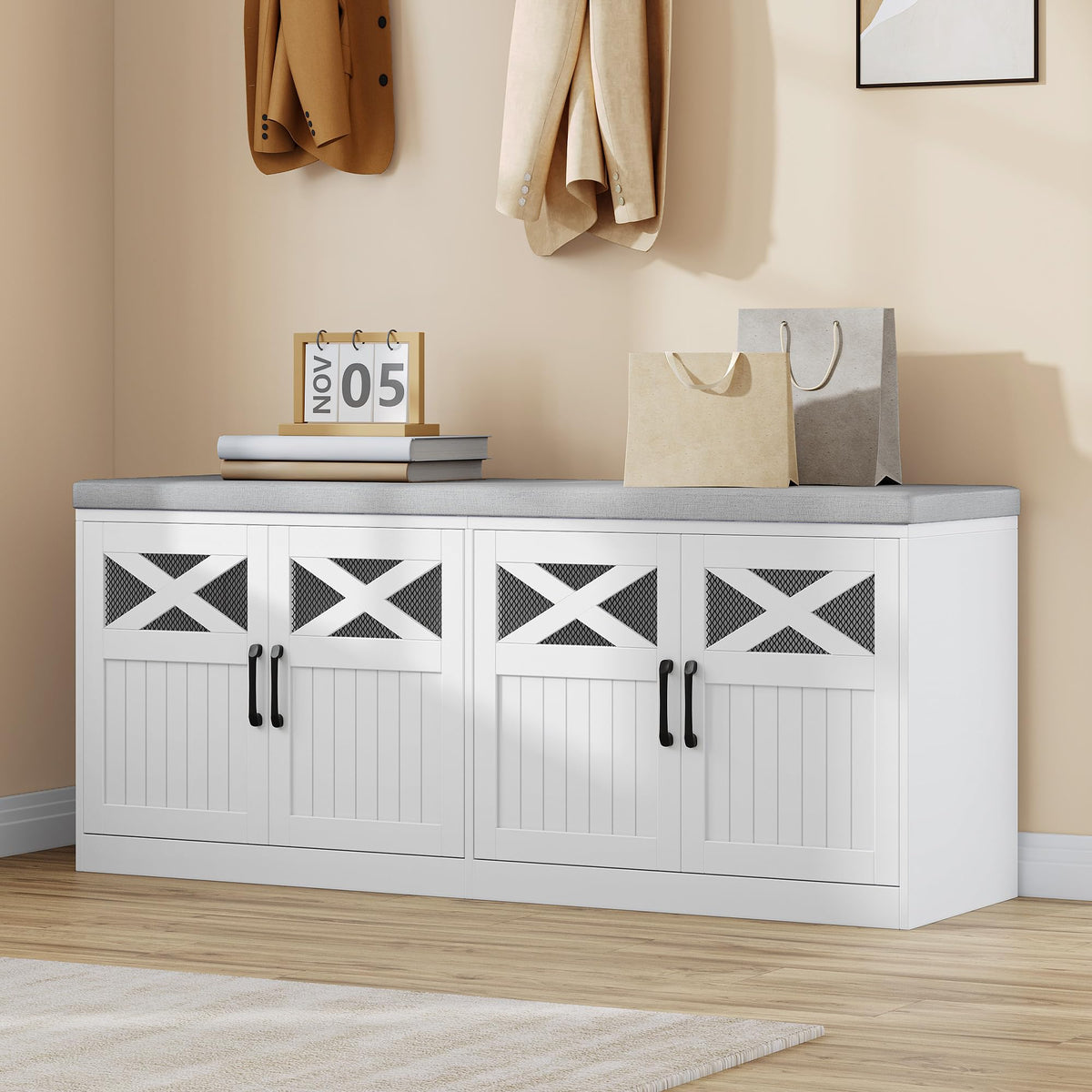 Hzuaneri 59" Shoe Storage Bench with 4 Barn Doors & Padded Seat Cushion