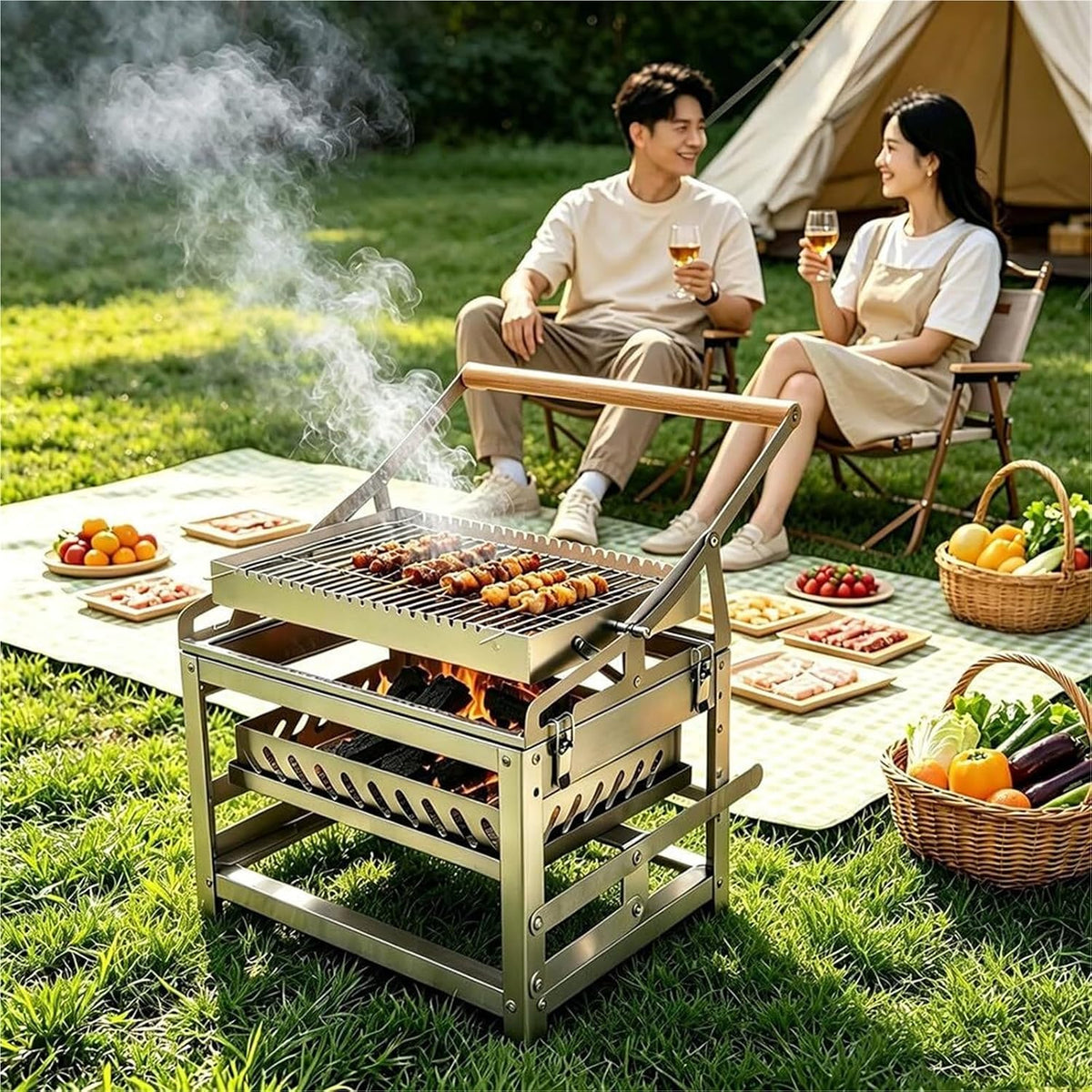 Stainless Steel Charcoal Grill Portable 360 Rotating BBQ Roaster