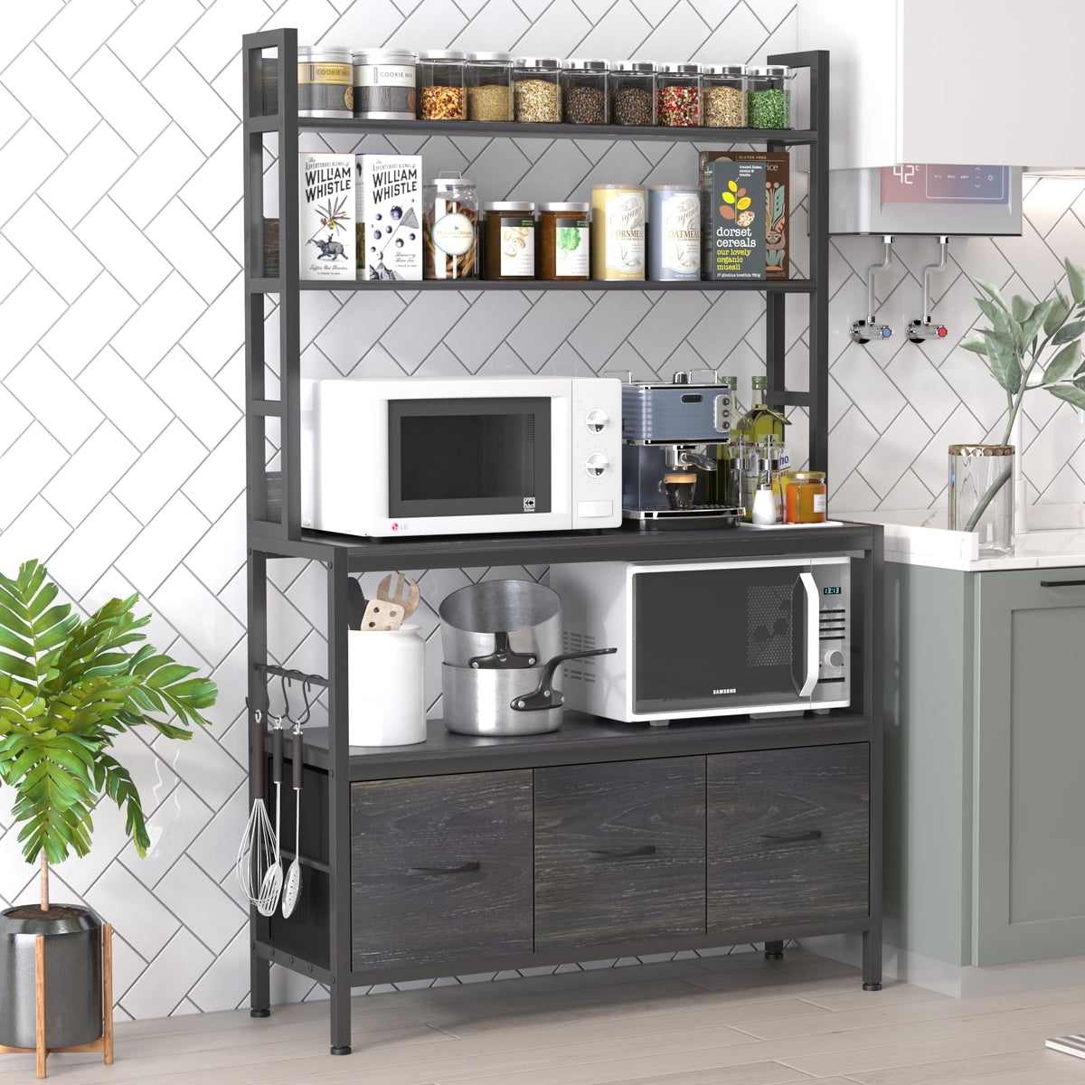 5-Tier Kitchen Bakers Rack with Storage,Industrial Microwave Oven Stand, Utility Storage Shelf,Free Standing Kitchen Utility Cart Storage Shelf Organizer with Hooks