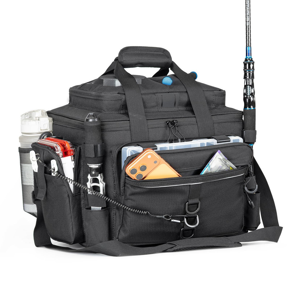Rabjen Fishing Tackle Bag with Rod Holders & Cooler Main Compartment – Large Capacity Fishing Bag for Organized Gear Storage
