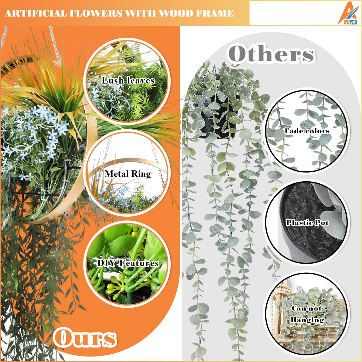 7PCS Artificial Plant Hanging Pot with Lanyard for Indoor and Outdoor Wall Decoration (Green Orange)