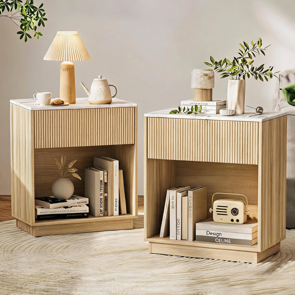 Fluted Nightstands Set of 2, Modern Bedside Table with Drawer and Storage Shelf, Wood End Table Mid Century Night Stands for Bedroom Living Room Sofa Couch Office (White+Oak)