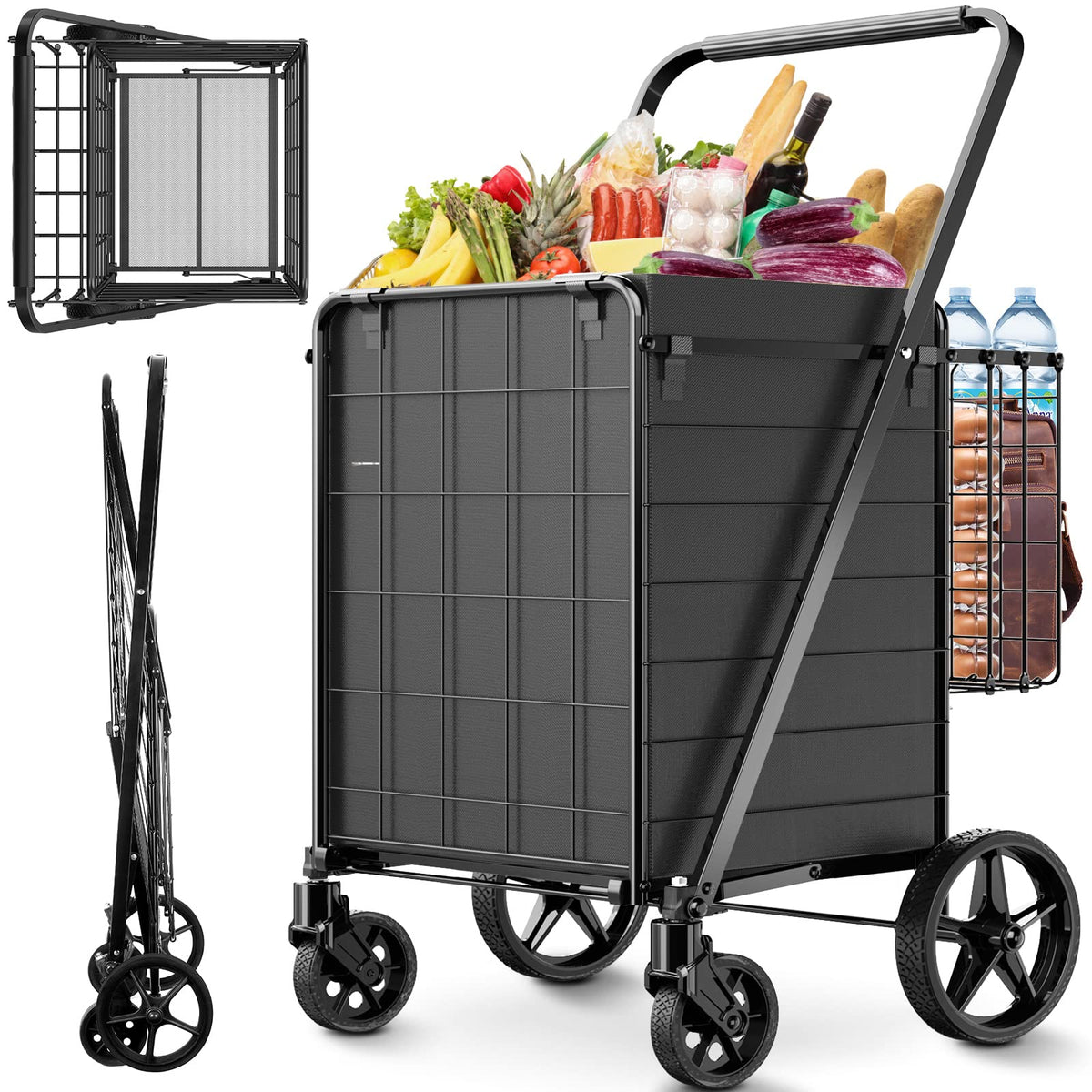 2-Tier Collapsible 400Lbs Heavy Duty Shopping Cart for Groceries