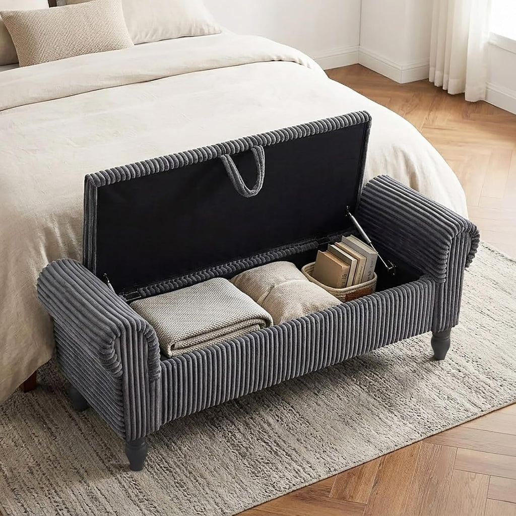 55" Corduroy Storage Ottoman Bench, Queen Bed, Grey