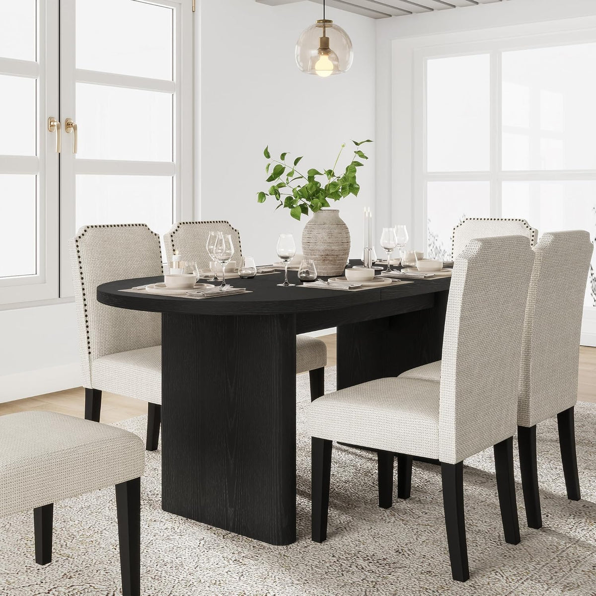 GarveeHome 63" Long Oval Dining Table with Wooden Base for 4-6 People
