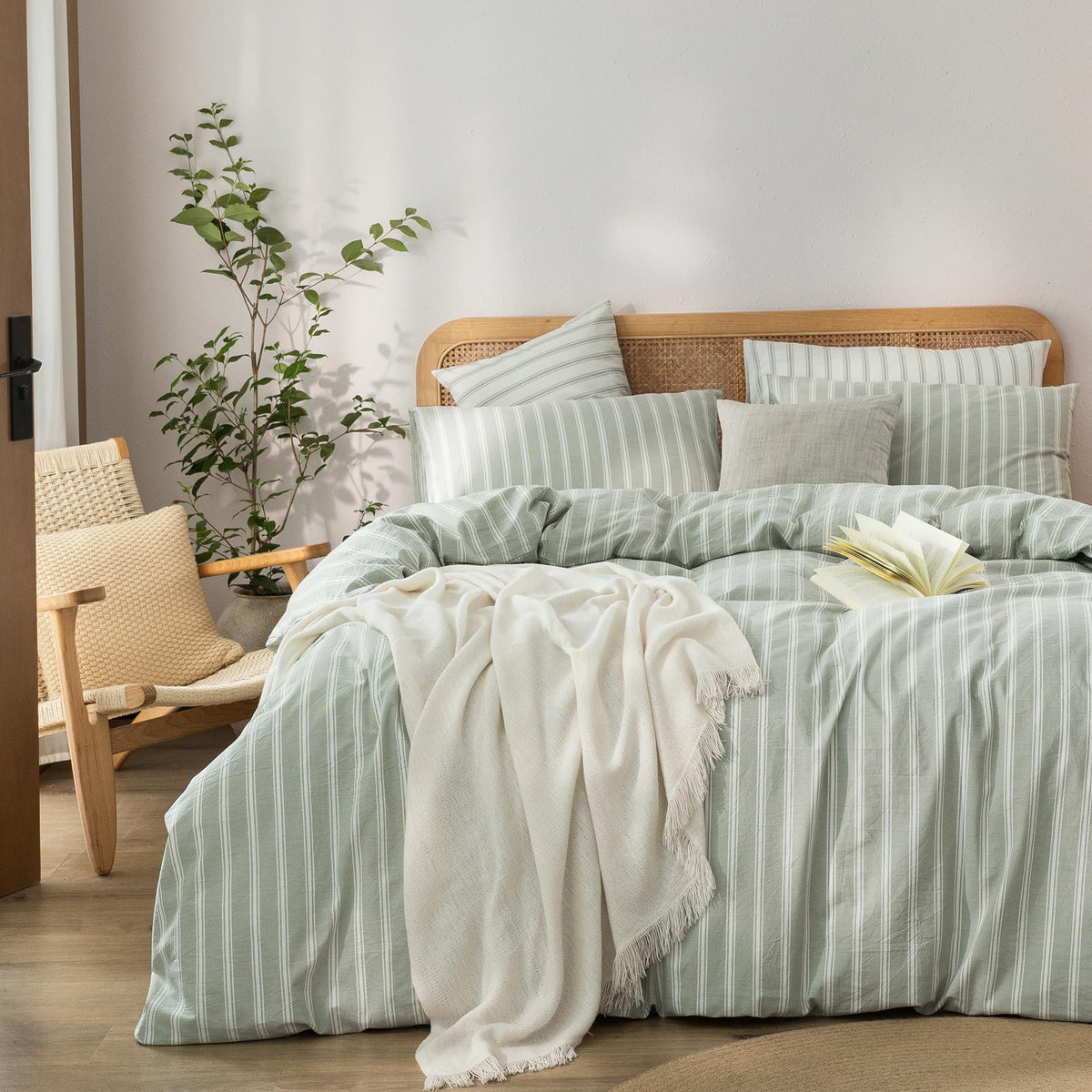 BESTOUCH Cotton Solid Duvet Cover Set Linen Feel Cornflower Blue Queen