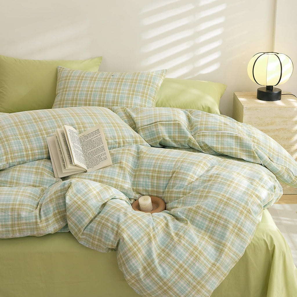 EAVD Vintage Buffalo Plaid Duvet Cover Queen Red&Black&Green Muslin Cotton