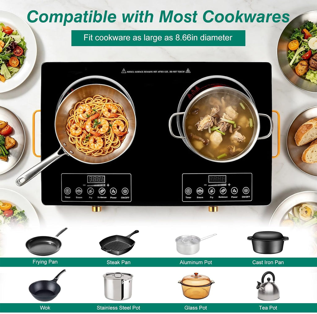 Electric Countertop Double Burner, 7000W Ceramic Cooktop with Crystal Glass Hot Plate & Stay Cool Handles, 12 Level Temperature Control, LED Display, Touch Control, Cooking Stove for Home Camping RV