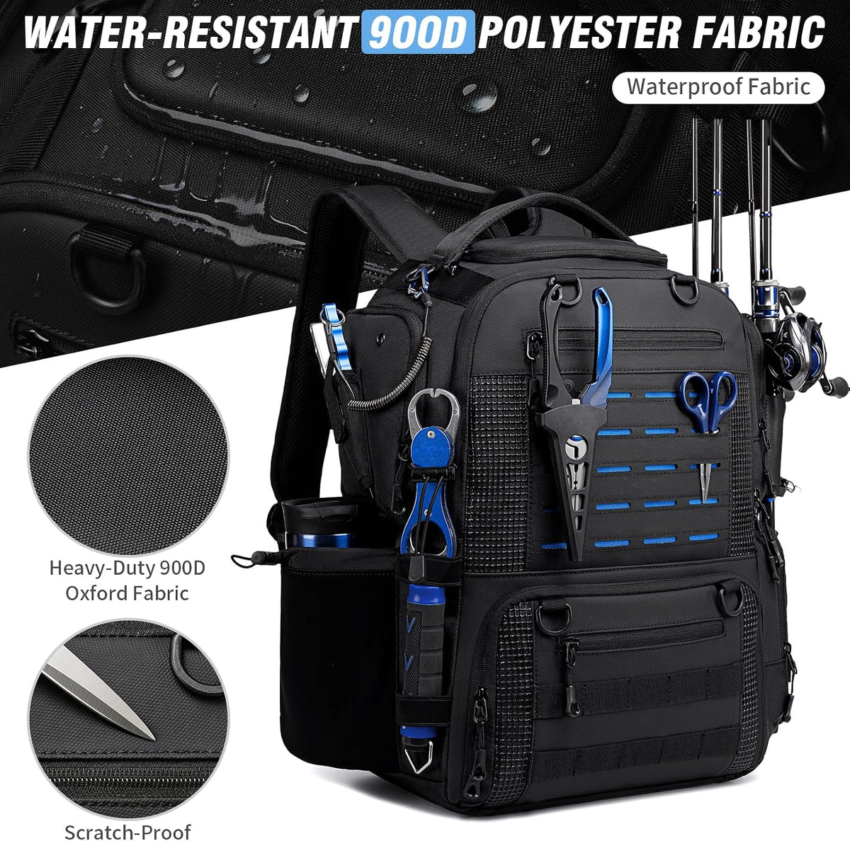 Fishing Backpack, Multi-pocket Tackle Backpack with 2 Rod Holders