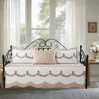 5-Piece Quilted Microfiber Daybed Cover Set with Floral Embroidery, All Season Luxurious Bedding with Matching Shams and Bed Skirt, 75"x39", Pink Flower