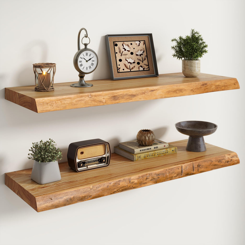 Live Edge Elm Floating Shelves - 24 In Rustic Solid Wood Shelves with Heavy-Duty Invisible Bracket, Wall-Mounted Wooden Shelf for Living Room, Bathroom, Kitchen Storage & Display, Set of 2, Natural