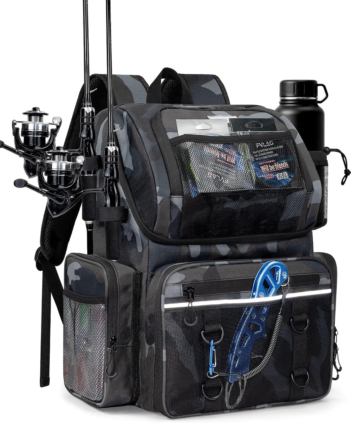 Fishing Backpack, Large Water Resistant Tackle Bag Storage Fishing Gear and Equipment, Built-in Cooler Compartment Khaki