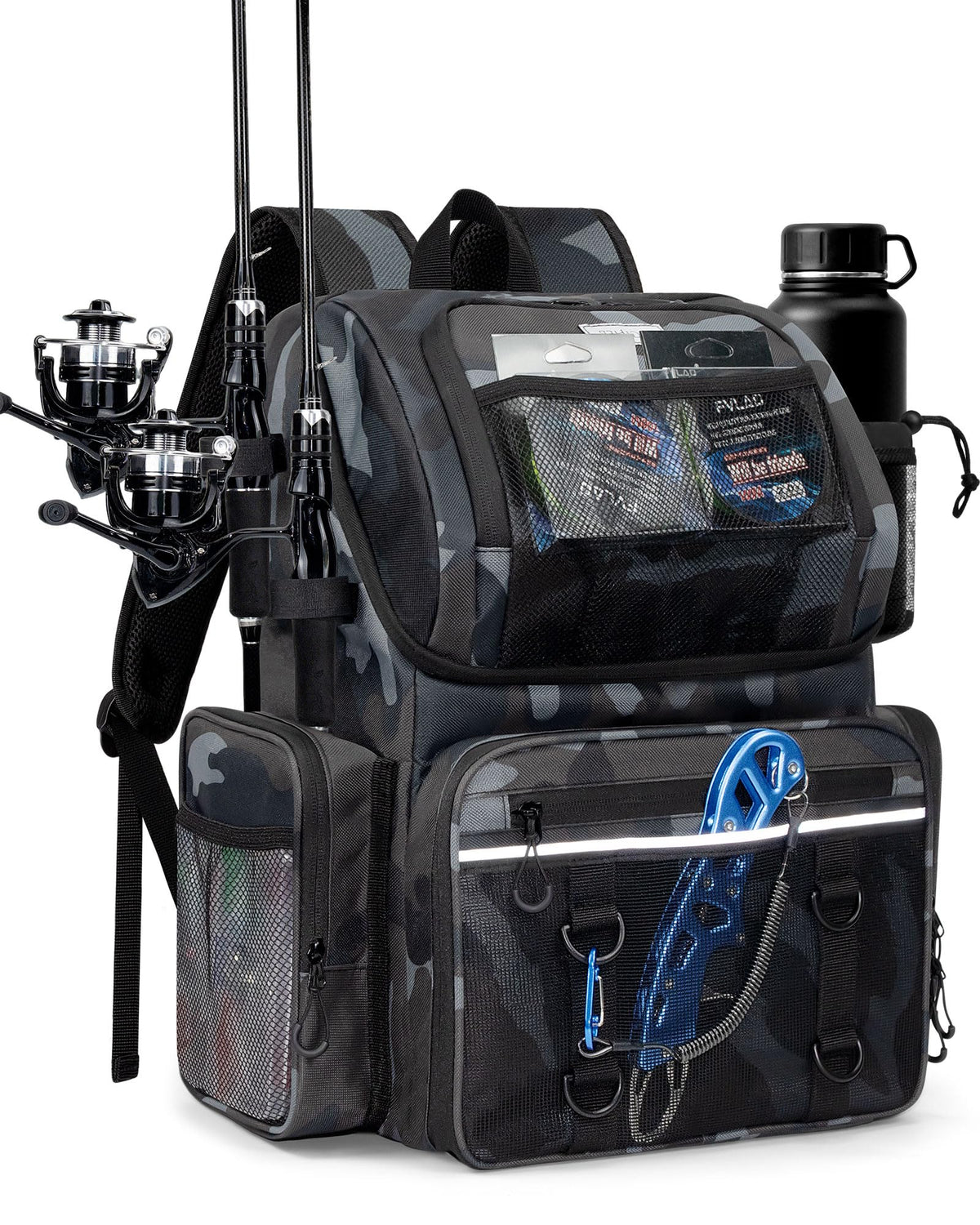 Fishing Backpack, Large Water Resistant Tackle Bag Storage Fishing Gear and Equipment, Built-in Cooler Compartment Khaki