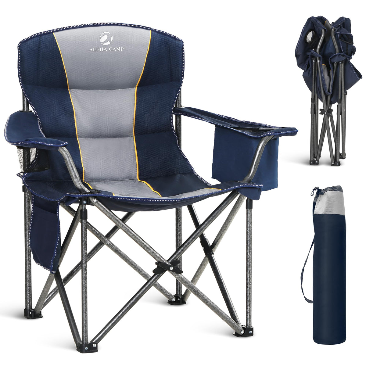 ALPHA CAMP Oversized Folding Camping Chair, Heavy Duty Portable Lawn Chairs with Cooler Bag, Side Pocket & Cup Holder, Folding Chairs for Outside Support 450 LBS